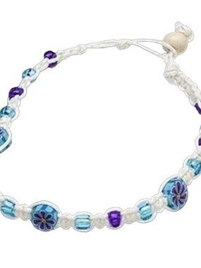 White Turquoise and Purple Flower Beads Macrame Fimo Clay Beads Bracelet